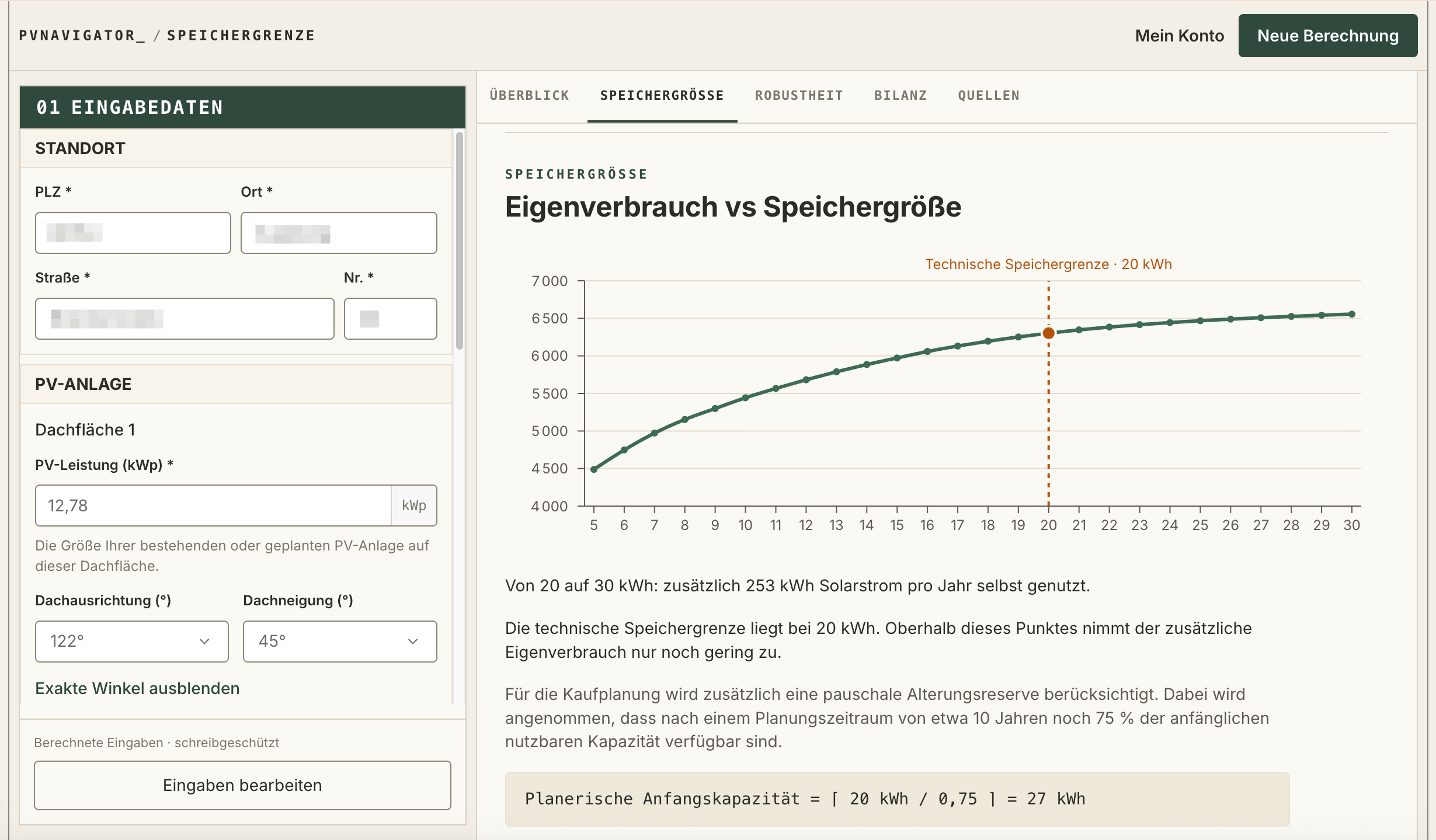 Diagramm Eigenverbrauch gegen Speichergröße in SPEICHERGRENZE. Die technische Speichergrenze ist bei 20 kWh markiert.